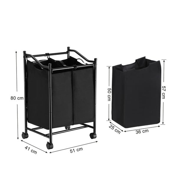 Crna košara na kotačićima s 2 pregrade za rublje Songmics-image-2
