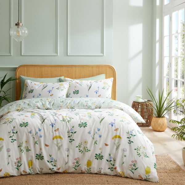 Bijela/zelena pamučna posteljina za krevet za jednu osobu 135x200 cm Botanical Cottage Garden – RHS