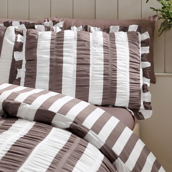 Tamno smeđa posteljina za bračni krevet 200x200 cm Seersucker Frill Stripe – Catherine Lansfield-image-2