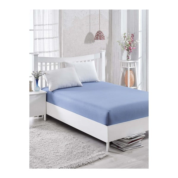 Plava pamučna elastična plahta za krevet za jednu osobu Barbra, 100 x 200 cm