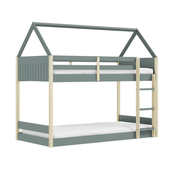 Dječji krevet u obliku kućice/na kat s podnicom 90x190 cm u prirodnoj boji/prljavo zeleni Valka – Marckeric-image-2