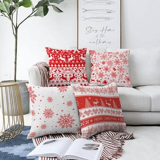 Set od 4 božićne jastučnice od kenila Minimalističke navlake za jastuke crvene pahuljice, 55 x 55 cm