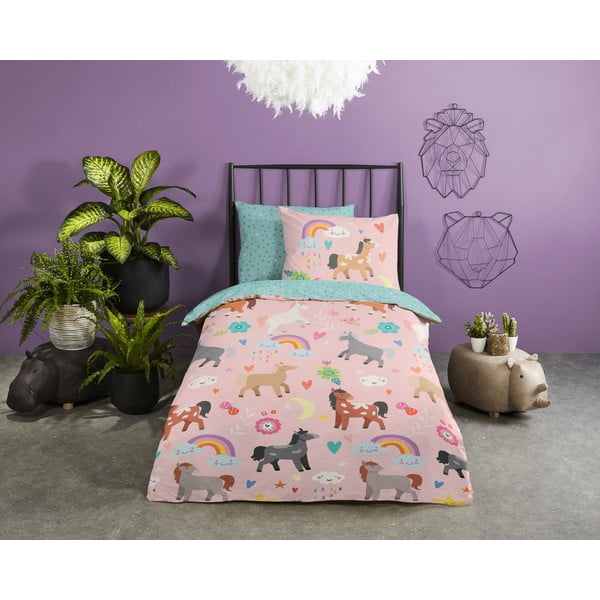 Ružičasta/tirkizna pamučna dječja posteljina za krevet za jednu osobu/za produženi krevet 140x220 cm Horses – Good Morning-image-1