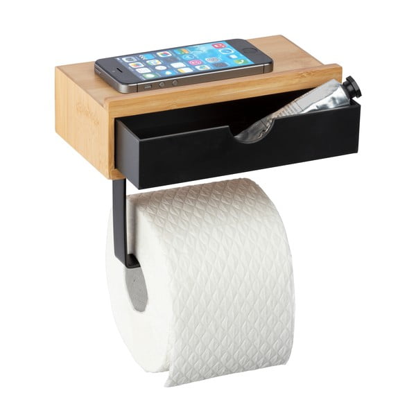 Crni držač za toalet papir s bambusovom podstavom Wenko-image-2