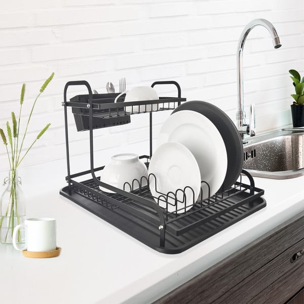 Crni metalni dvoetažan ocjeđivač za posuđe 42,5x32 cm Radka – Orion-image-1