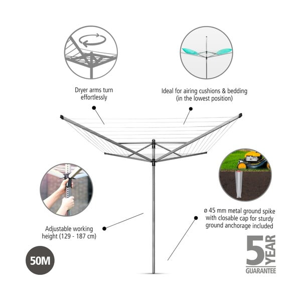 Vrtna sušilica za rublje u srebrnoj boji 50 m Lift-O-Matic – Brabantia-image-4