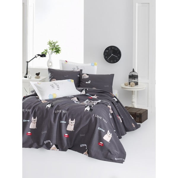 Set prekrivača i 2 jastučnice EnLora Home Papcik Antracit, 200 x 235 cm