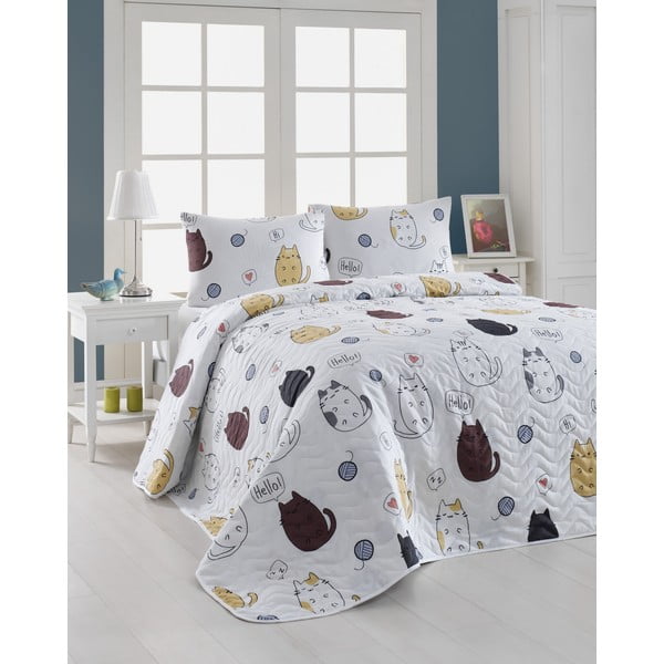 Set prošivenog prekrivača i 2 jastučnice Eponj Home Hello Cats Bijela, 200 x 220 cm