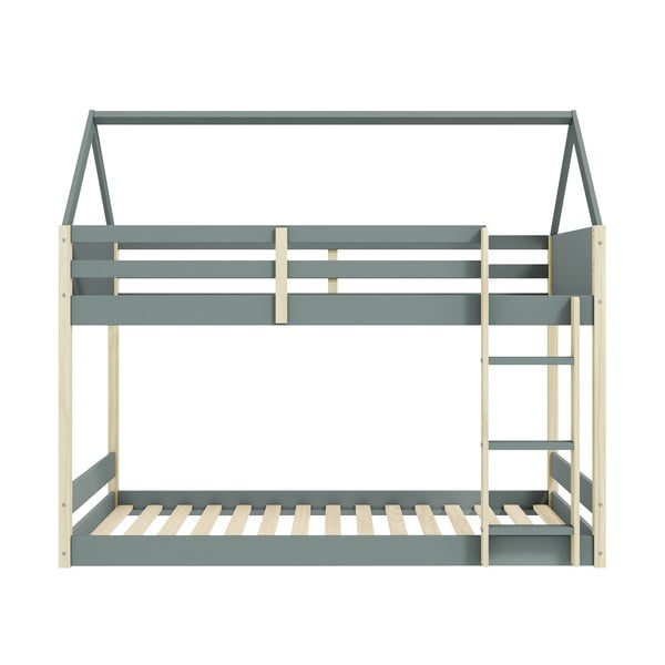 Dječji krevet u obliku kućice/na kat s podnicom 90x190 cm u prirodnoj boji/prljavo zeleni Valka – Marckeric-image-1