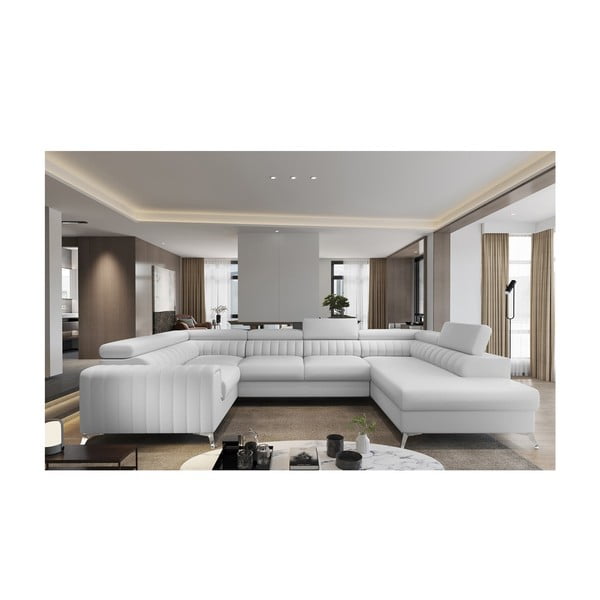 Bijela sklopiva/s prostorom za odlaganje kutna garnitura od imitacije kože (s desnim kutom/u obliku slova "U") Louis – ELTAP-image-1