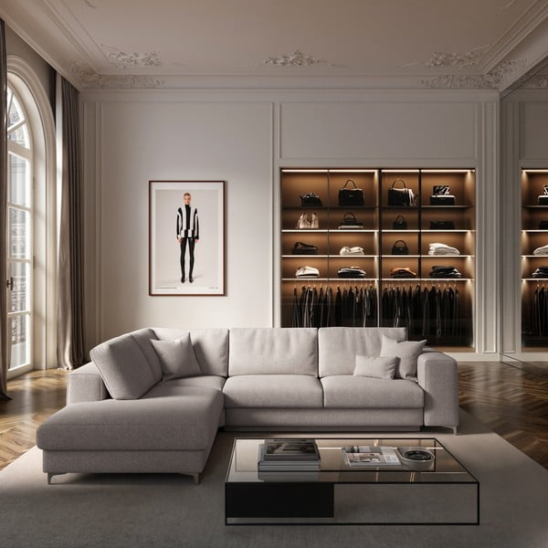 Svijetlo siva sklopiva/s prostorom za odlaganje kutna garnitura od bouclé tkanine (s lijevim kutom/u obliku slova L) Rene – Rodier-image-1