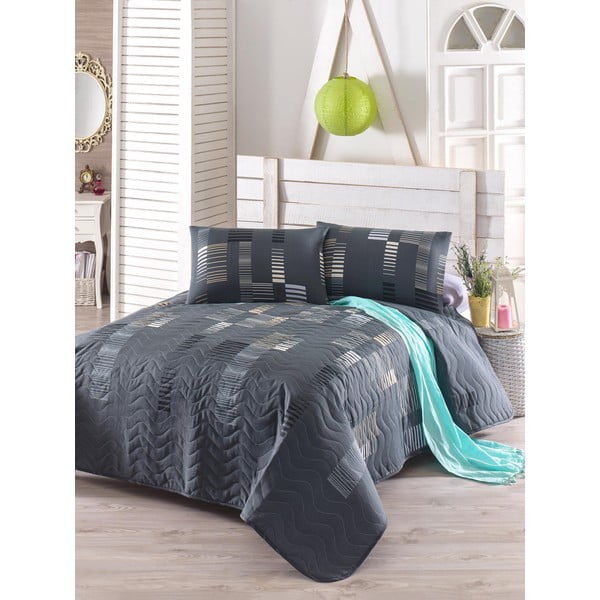 Set prošivenog prekrivača i 2 jastučnice Eponj Home Trace Anthracite, 240 x 220 cm