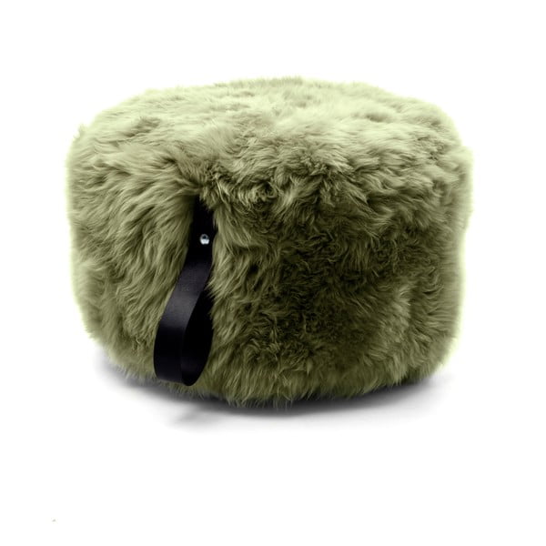 Maslinasto zeleni podnožnik od ovčjeg krzna s crnom ručkom Royal Dream, Ø 60 cm