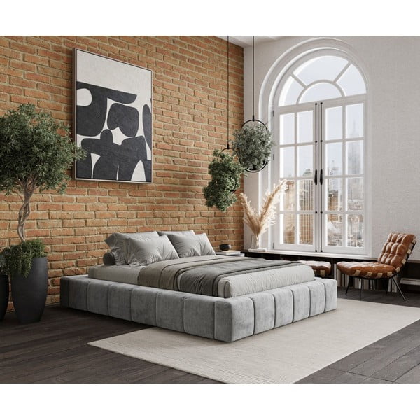 Svijetlo sivi tapecirani bračni krevet s prostorom za pohranu s podnicom 200x200 cm Aruba L – Maison de Rêve-image-4