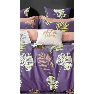 Ljubičasta pamučna posteljina za bračni krevet/za produženi krevet s uključenom plahtom/4-dijelna 200x220 cm Leaves – Mila Home