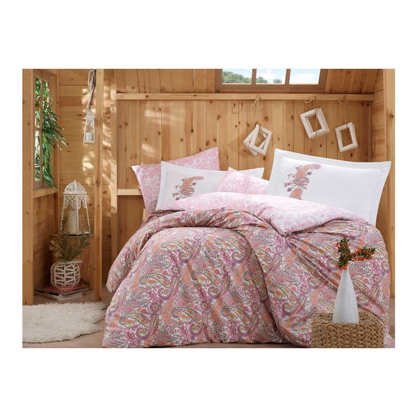 Posteljina od pamučnog poplina s plahtom za krevet za jednu osobu Pinky, 160 x 220 cm