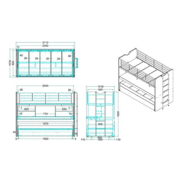 Bijeli/plavi dječji krevet na kat/s dodatnim ležajem s prostorom za odlaganje s podnicom 90x200 cm Bonny – Vipack-image-2