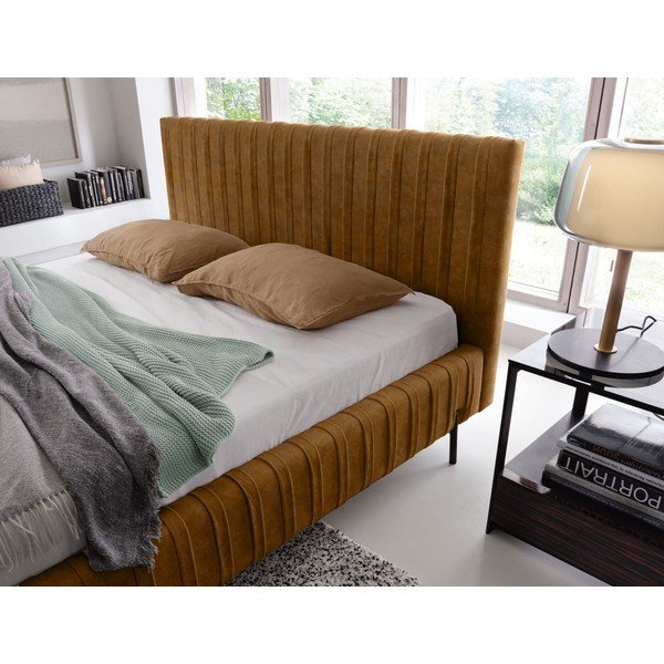 Oker žuti tapecirani bračni krevet s prostorom za odlaganje s podnicom 160x200 cm Plissa – ELTAP-image-3