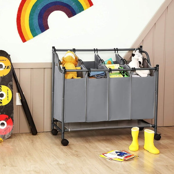 Siva košara na kotačićima s 4 pregrade za rublje Songmics-image-1