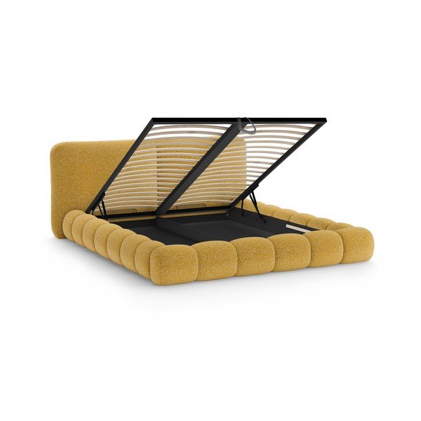 Senf žuti tapecirani bračni krevet s prostorom za odlaganje s podnicom 200x200 cm Solange – Micadoni -image-2