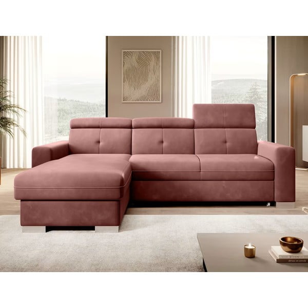 Ružičasta baršunasti sklopiva/s prostorom za odlaganje kutna garnitura (s lijevim kutom/s ležaljkom) Fresia – ELTAP-image-1