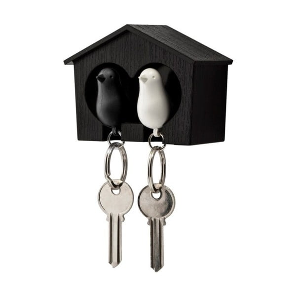 Smeđa vješalica za ključeve s bijelim i crnim Qualy Duo Sparrow privjeskom za ključeve