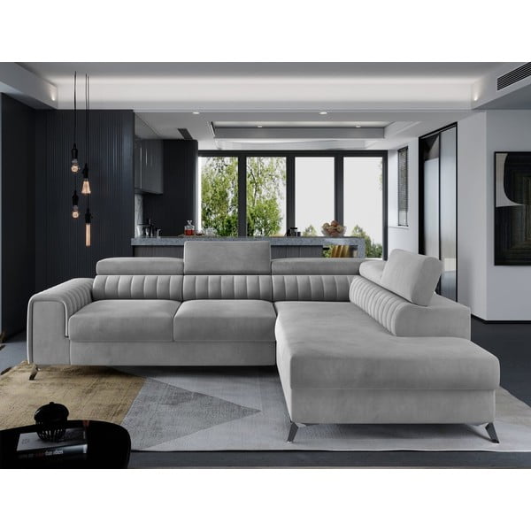 Siva baršunasti sklopiva/s prostorom za odlaganje kutna garnitura (s desnim kutom/u obliku slova L) Laurence – ELTAP-image-1