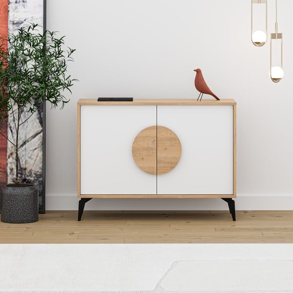 Bijela/u prirodnoj boji niska komoda u dekoru hrasta 110x82 cm Vae – Marckeric-image-2