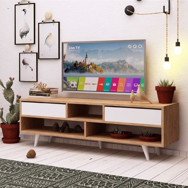 Bijeli TV stol s detaljima u dekoru hrastovog drveta Garetto Glasgow-image-3