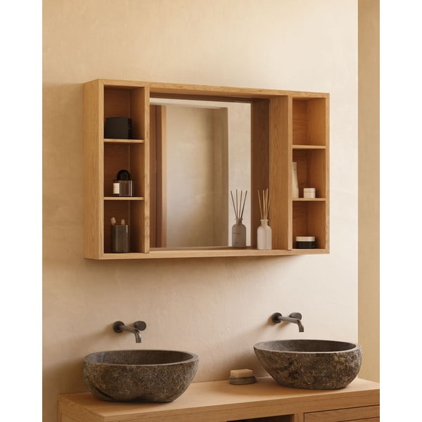 Zidni/s ogledalom kupaonski ormarić od masivne tikovine u prirodnoj boji 100x65 cm Parana – Kave Home-image-3