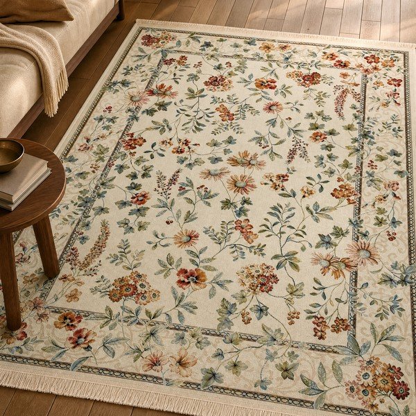 Krem tepih viskozan 95x140 cm Oriental Flowers – Nouristan-image-1