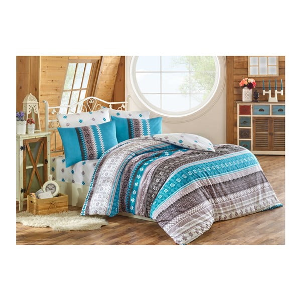 Plava pamučna posteljina s plahtama za bračni krevet Evitte, 200 x 220 cm