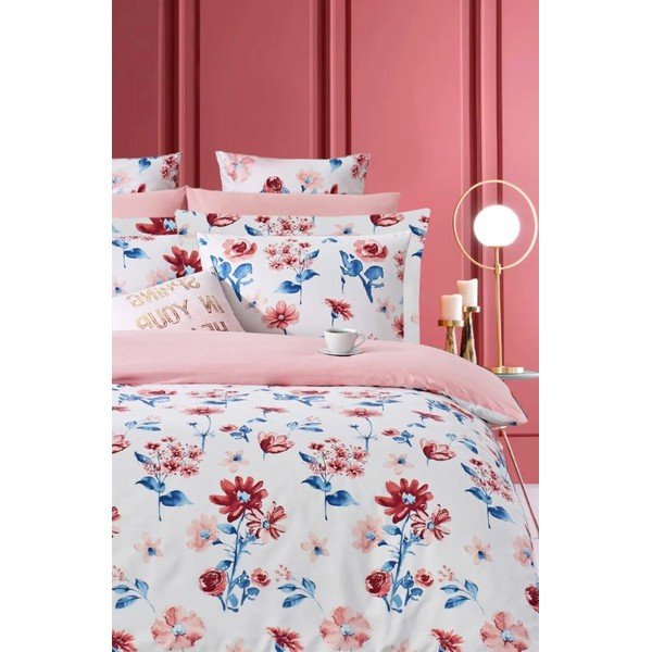 Bijela/ružičasta posteljina za bračni krevet/za produženi krevet od renforce pamuka s uključenom plahtom/4-dijelna 200x220 cm – Mila Home-image-1
