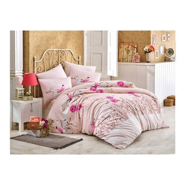 Ružičasta pamučna posteljina s plahtama za krevet za jednu osobu Rose, 160 x 220 cm