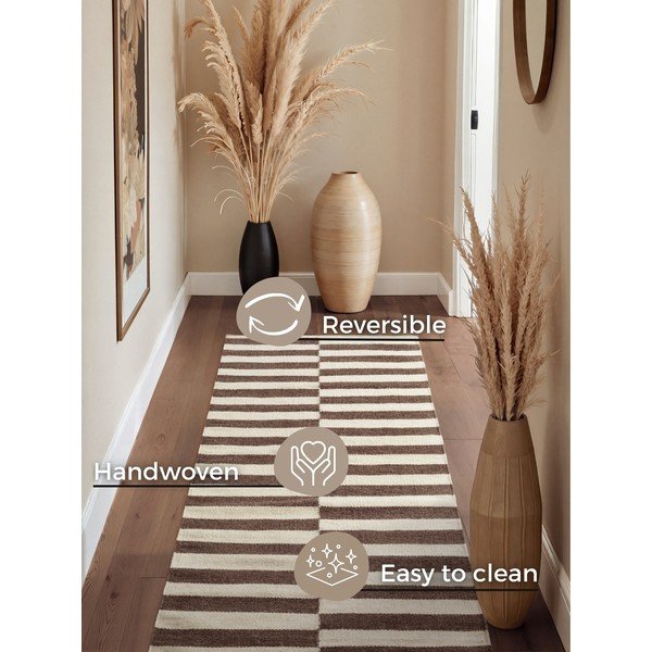 Bijela/smeđa obostrana/ručno rađena vunena staza 80x200 cm Vika – Hanse Home-image-4