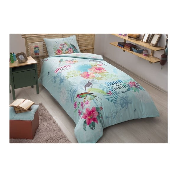 Posteljina s plahtom od ranforce pamuka za bračni krevet Summer Tirquoise, 160 x 220 cm
