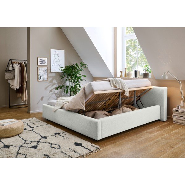 Bijeli tapecirani bračni krevet s prostorom za pohranu s podnicom 180x200 cm Cube – Meise Möbel-image-1