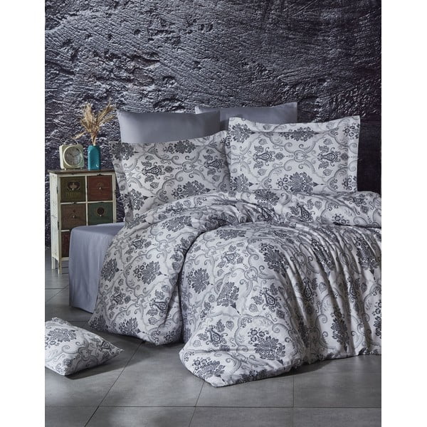 Siva pamučna satenska posteljina s Nazenin Home Joho plahtom, 200 x 220 cm