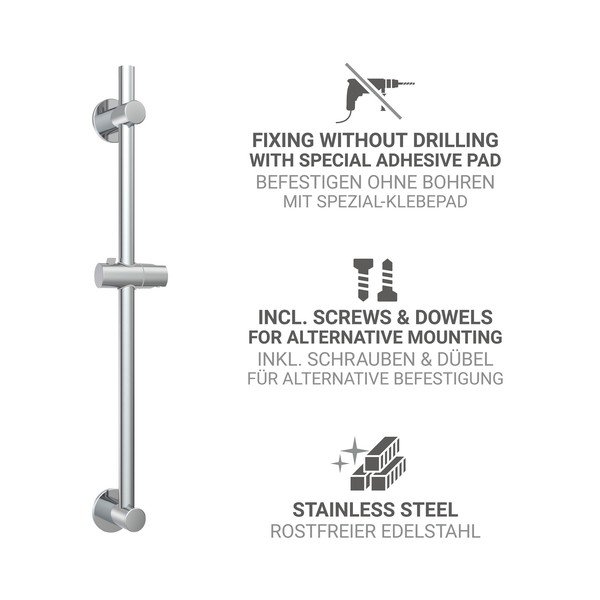 Šipka za tuš od nehrđajućeg čelika u sjajno srebrnoj boji s postavljanjem bez bušenja s kliznim nosačem 70 cm – Wenko-image-2