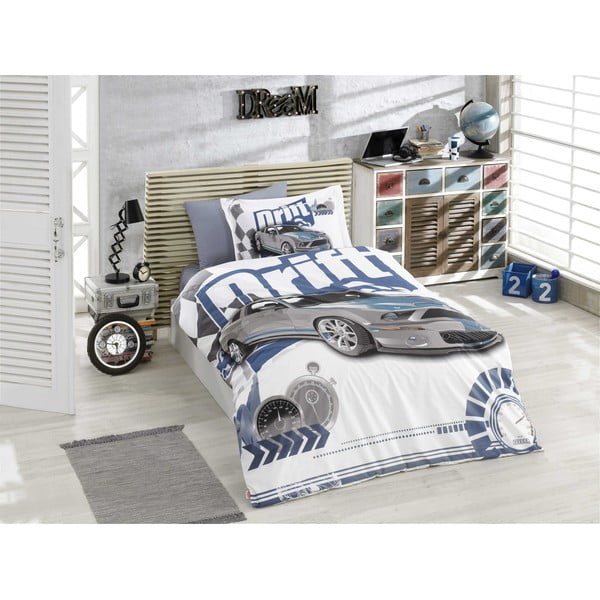 Plava pamučna posteljina od poplina s plahtom za krevet za jednu osobu Drift, 160 x 220 cm