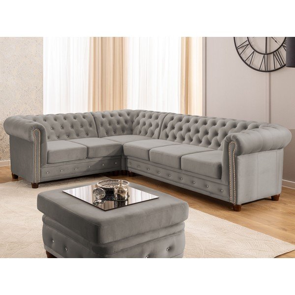 Siva baršunasti sklopiva kutna garnitura (s lijevim kutom/u obliku slova L) York Blik – Ropez-image-1