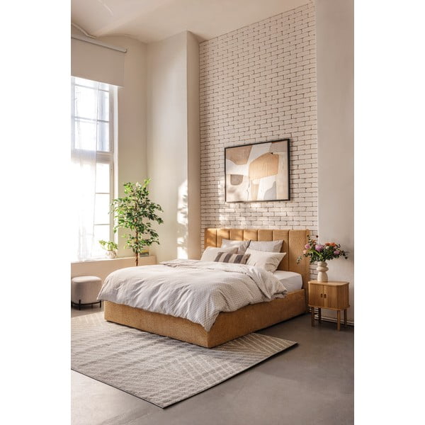 Senf žuti tapecirani bračni krevet s podnicom i prostorom za odlaganje 180x200 cm Thessa Bold Line – Bonami Selection-image-1