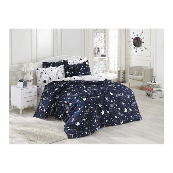 Tamno plava posteljina s plahtom Starry Night, 160 x 220 cm