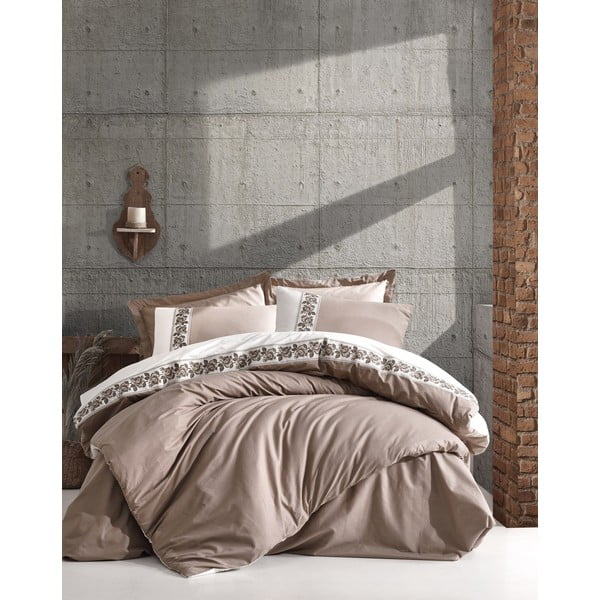 Bež pamučna posteljina s plahtom Cotton Box Rosinda, 200 x 220 cm