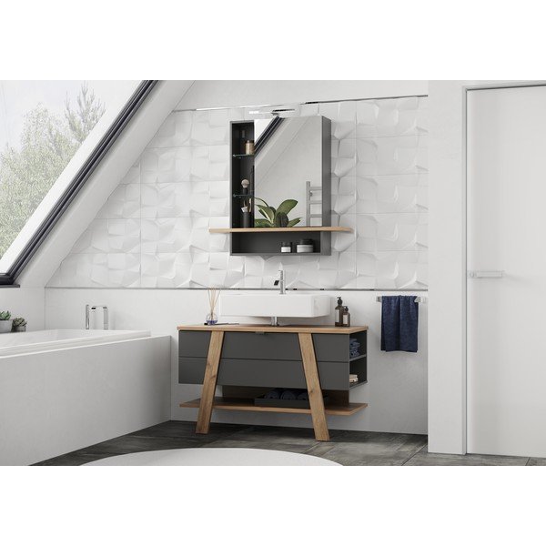 Tamno sivi viseći kupaonski ormarić s ogledalom u dekoru hrasta 90x91 cm Avellino - Germania-image-4