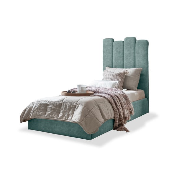 Tirkizno tapecirani krevet za jednu osobu s prostorom za pohranu s podnicom 90x200 cm Dreamy Aurora - Miuform