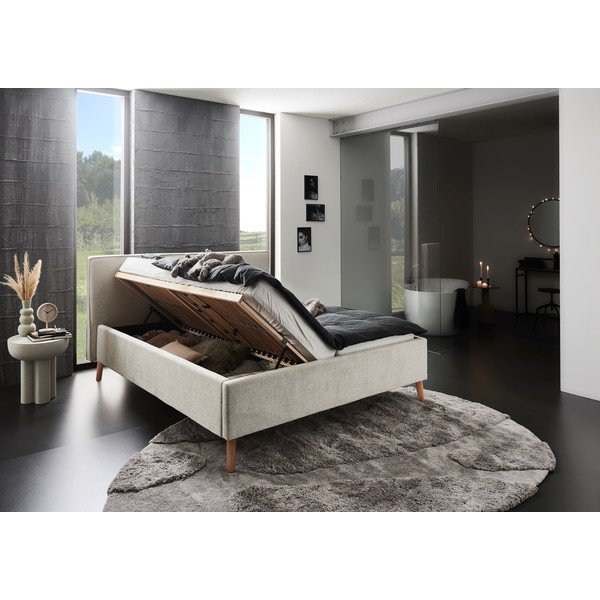 Krem tapecirani bračni krevet s prostorom za odlaganje s podnicom 160x200 cm Riva – Meise Möbel-image-3