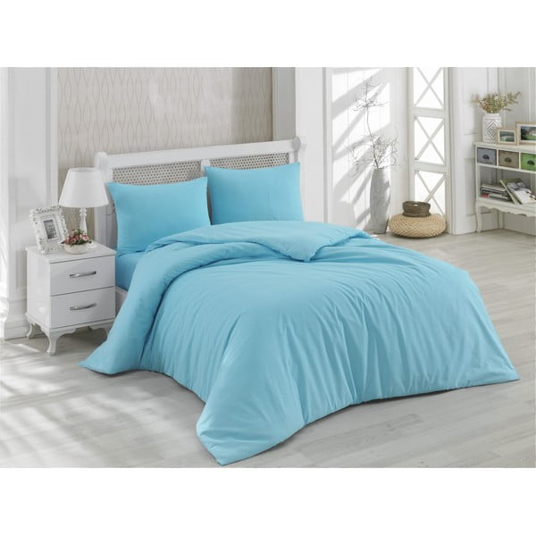 Plava pamučna posteljina s plahtom za bračni krevet Minimal, 200 x 220 cm