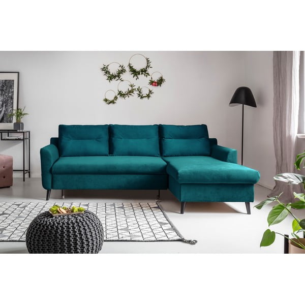 Tirkizna baršunasta kutna garnitura na razvlačenje Miuform Stylish Stan, desni kut-image-1