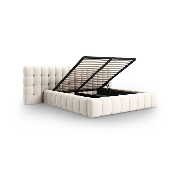 Krem tapecirani bračni krevet s prostorom za pohranu s podnicom 180x200 cm Mamaia – Micadoni Home-image-3